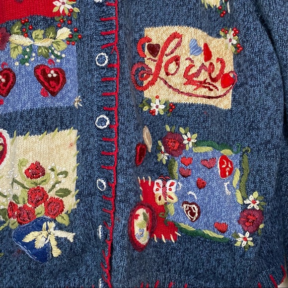 Vintage Valentine Love Cotton Cottagecore Grandma Embroidered Sweater Cardigan - Picture 4 of 12